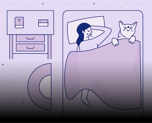Illustration of woman sleeping in bed with dog tucked under covers