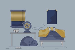Illustration of person sleeping in room with fan