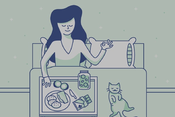 illustration of woman eating snacks in bed