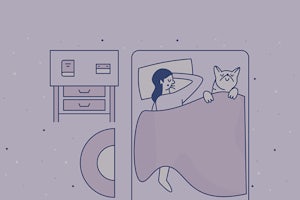 Illustration of person asleep in bed with dog happily tucked under the covers